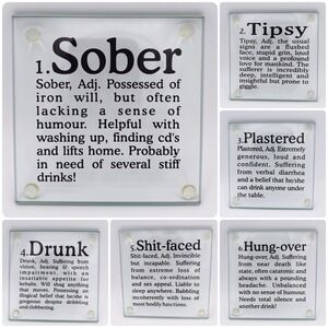 kikkerland Set of 6 Glass Coasters Funny "How Drunk?" Tipsy‎ Definitions Gift
